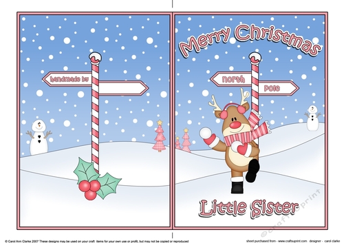 5 x 7 Quick Cut and Fold Card - Merry Christmas LITTLE SISTER with Rudolph
