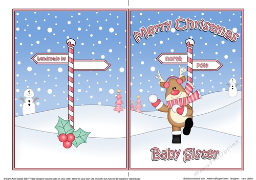 5 x 7 Quick Cut and Fold Card - Merry Christmas BABY SISTER with Rudolph