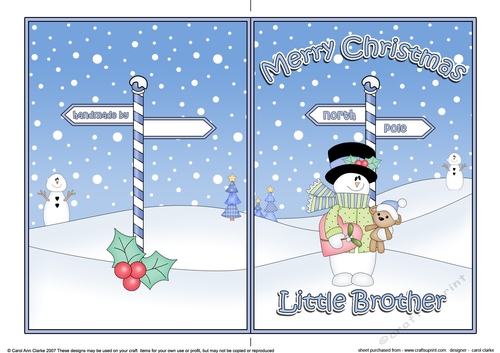 5 x 7 Quick Cut and Fold Card - Merry Christmas LITTLE BROTHER with Snowman Rio