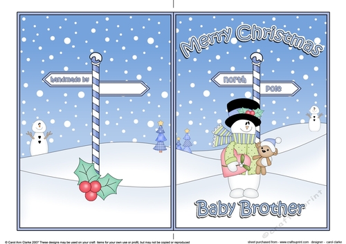 5 x 7 Quick Cut and Fold Card - Merry Christmas BABY BROTHER with Snowman Rio