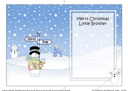 5 x 7 matching insert -  Merry Christmas LITTLE BROTHER with Snowman Rio