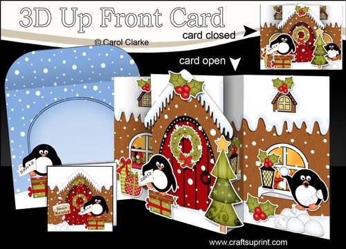 3D Up Front Card Kit -  Pip Penguin is at the Christmas Gingerbread House