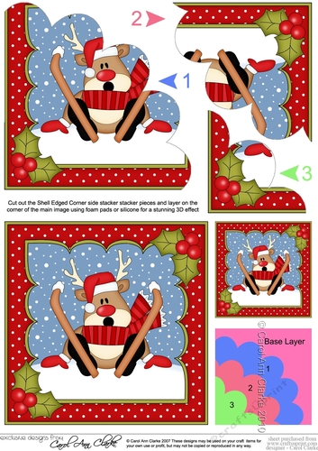 Christmas Oops Rudolph is Skiing! Shell Edged Corner Stacker