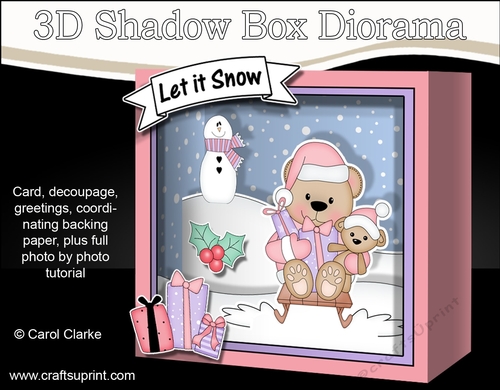 3D Christmas Diorama Shadow Box Card Mini Kit  - Livvy Bear is having fun on her Sledge