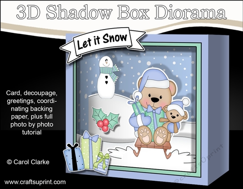 3D Christmas Diorama Shadow Box Card Mini Kit  - Livvy Bear is having fun on her Sledge