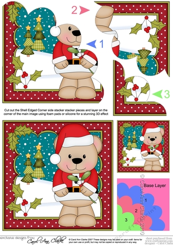 Cute Christmas Livvy Bear has Mistletoe Shell Edged Corner Stacker
