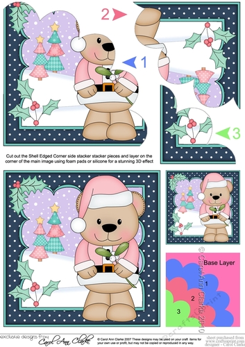 Cute Christmas Livvy Bear has Mistletoe Shell Edged Corner Stacker