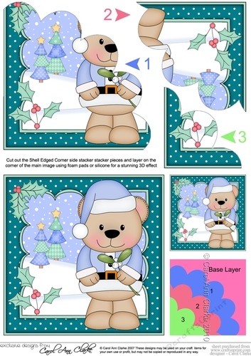 Cute Christmas Livvy Bear has Mistletoe Shell Edged Corner Stacker