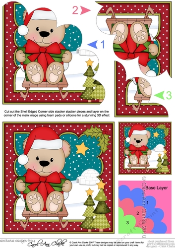 Cute Christmas Livvy Bear is having fun on her Sledge Shell Edged Corner Stacker