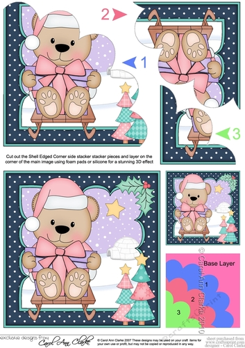 Cute Christmas Livvy Bear is having fun on her Sledge Shell Edged Corner Stacker