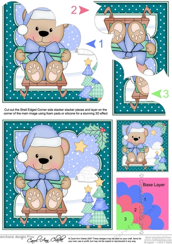 Cute Christmas Livvy Bear is having fun on her Sledge Shell Edged Corner Stacker