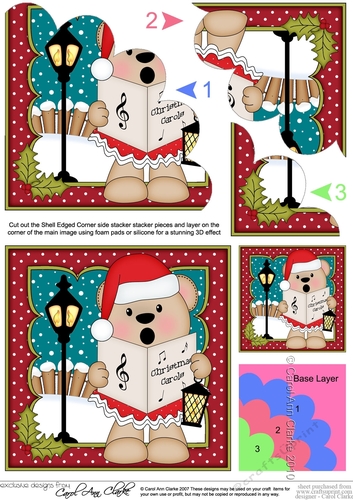 Cute Christmas Livvy Bear is Carol Singing Shell Edged Corner Stacker