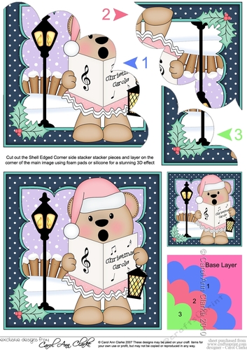 Cute Christmas Livvy Bear is Carol Singing Shell Edged Corner Stacker