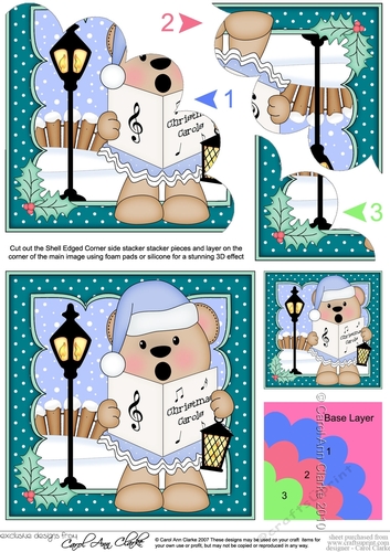 Cute Christmas Livvy Bear is Carol Singing Shell Edged Corner Stacker