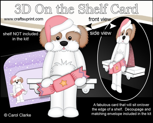 3D Christmas On the Shelf Card Kit - Christmas Cavachon Dog has an Xmas Cracker