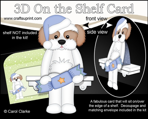 3D Christmas On the Shelf Card Kit - Christmas Cavachon Dog has an Xmas Cracker