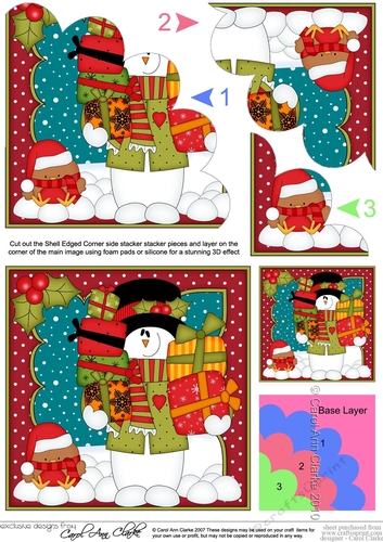 Christmas Snowman Rio has lots of Presents Shell Edged Corner side stacker