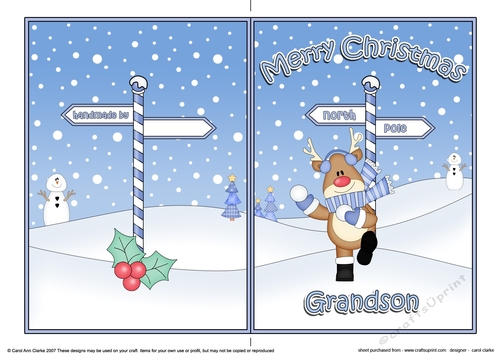 5 x 7 Quick Cut and Fold Card - Merry Christmas GRANDSON with Rudolph