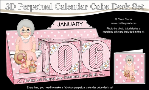 3D Everlasting Perpetual Calendar Desk Set Kit - Strawberry Basket Old Lady