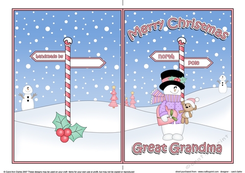 5 x 7 Quick Cut and Fold Card - Merry Christmas GREAT GRANDMA with Snowman Rio