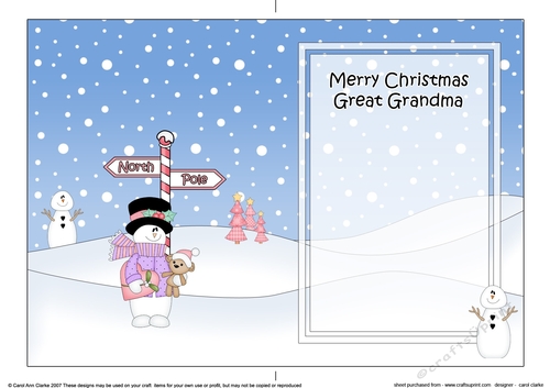 5 x 7 matching insert -  Merry Christmas GREAT GRANDMA with Snowman Rio