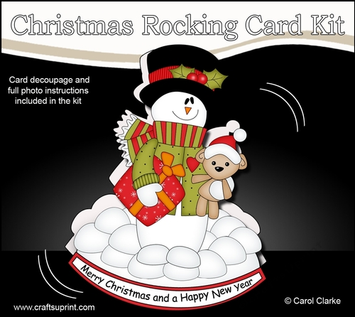 3D Shaped Rocking Christmas Card Mini Kit  - Snowman Rio has an Xmas Present & Teddy
