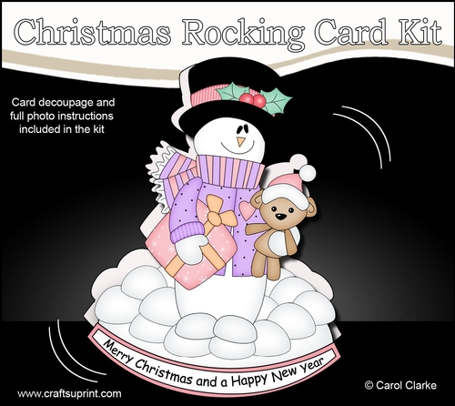 3D Shaped Rocking Christmas Card Mini Kit  - Snowman Rio has an Xmas Present & Teddy