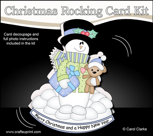 3D Shaped Rocking Christmas Card Mini Kit  - Snowman Rio has an Xmas Present & Teddy