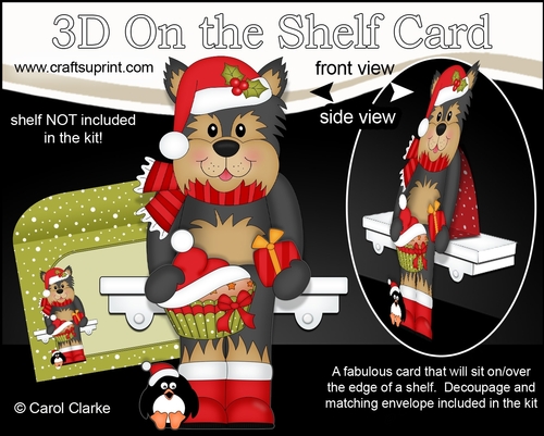 3D Christmas On the Shelf Card Kit - Cute Christmas Yorkie Dog Timmy has a Festive Cupcake