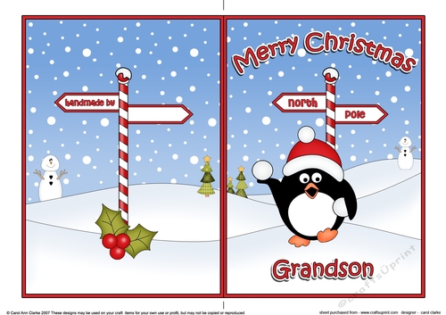 5 x 7 Quick Cut and Fold Card - Merry Christmas GRANDSON with Pip Penguin