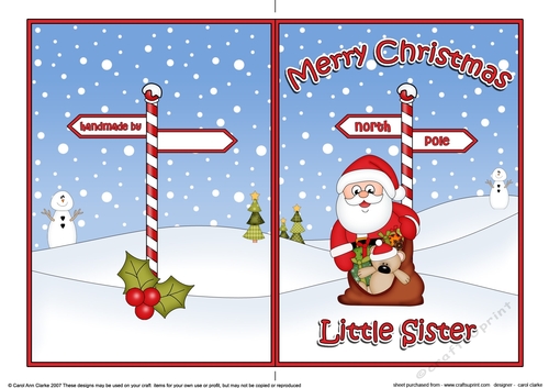 5 x 7 Quick Cut and Fold Card - Merry Christmas LITTLE SISTER with Santa
