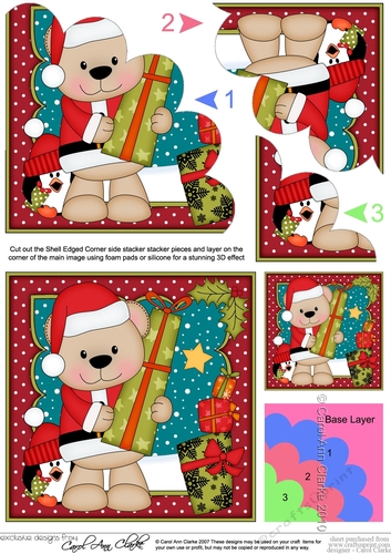 Cute Christmas Livvy Bear has an Xmas Present Shell Edged Corner Stacker