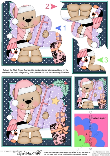 Cute Christmas Livvy Bear has an Xmas Present Shell Edged Corner Stacker