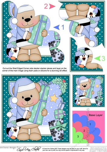 Cute Christmas Livvy Bear has an Xmas Present Shell Edged Corner Stacker