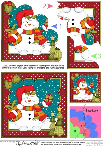 Christmas Snowman Oli has Xmas Presents Shell Edged Corner side stacker