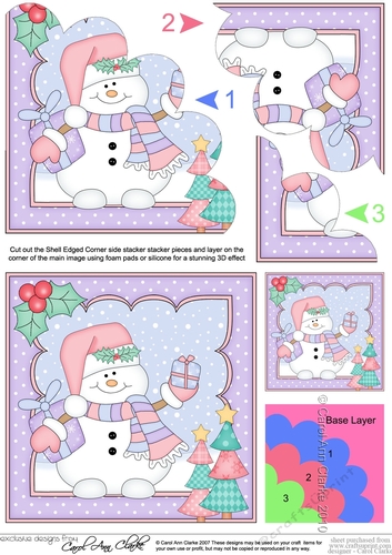 Christmas Snowman Oli has Xmas Presents Shell Edged Corner side stacker