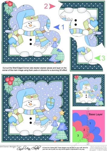 Christmas Snowman Oli has Xmas Presents Shell Edged Corner side stacker