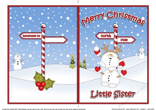 5 x 7 Quick Cut and Fold Card - Merry Christmas LITTLE SISTER with Snowball Sam