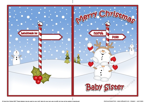 5 x 7 Quick Cut and Fold Card - Merry Christmas BABY SISTER with Snowball Sam