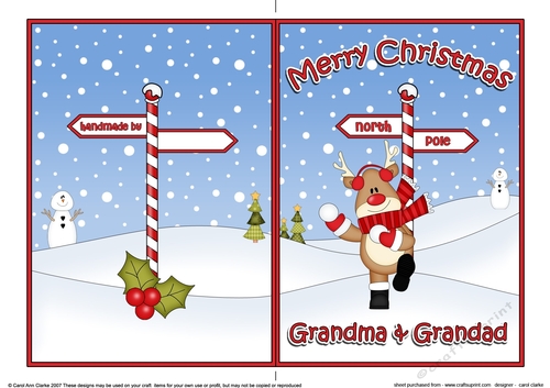 5 x 7 Quick Cut and Fold Card - Merry Christmas GRANDMA & GRANDAD with Rudolph