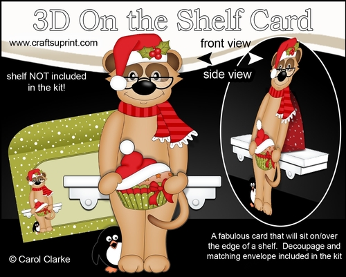 3D Christmas On the Shelf Card Kit - Cute Christmas Meerkat has a Festive Cupcake