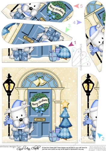 Cute Little Westie Dog is at the Christmas Door Fan Pyramage Topper