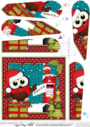 Christmas Little Hoot Owl has a Letter for Santa Sledging Fan Pyramage Topper