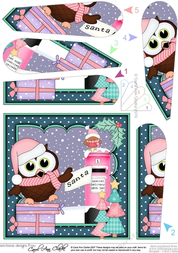 Christmas Little Hoot Owl has a Letter for Santa Sledging Fan Pyramage Topper