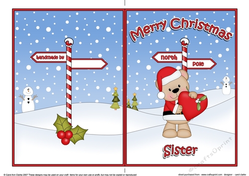 5 x 7 Quick Cut and Fold Card - Merry Christmas SISTER with Livvy Bear