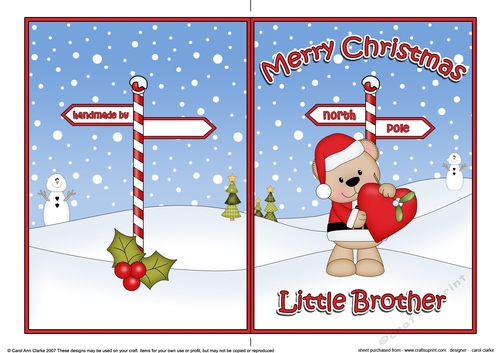 5 x 7 Quick Cut and Fold Card - Merry Christmas LITTLE BROTHER with Livvy Bear