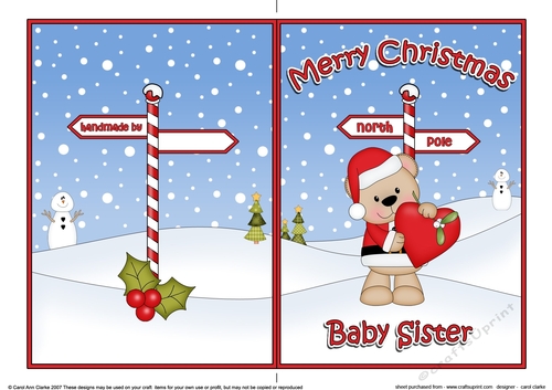 5 x 7 Quick Cut and Fold Card - Merry Christmas BABY SISTER with Livvy Bear