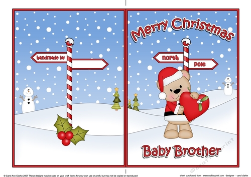 5 x 7 Quick Cut and Fold Card - Merry Christmas BABY BROTHER with Livvy Bear