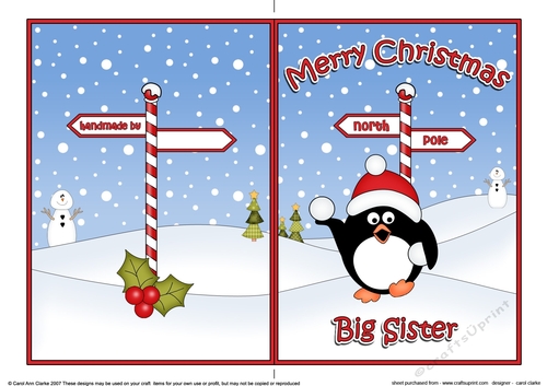 5 x 7 Quick Cut and Fold Card - Merry Christmas BIG SISTER with Pip Penguin
