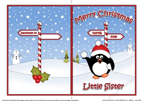 5 x 7 Quick Cut and Fold Card - Merry Christmas LITTLE SISTER with Pip Penguin